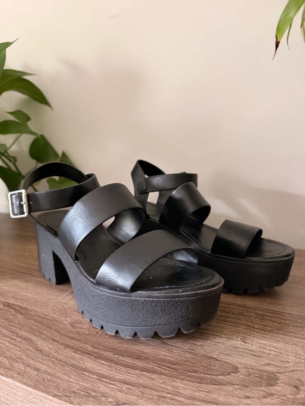 Soda Black Platform Chunky Heel Sandals